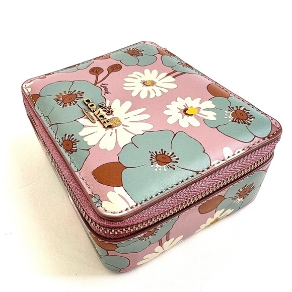 Coach Leather Floral Jewelry Box Zip Pink Purple - Picture 3 of 5